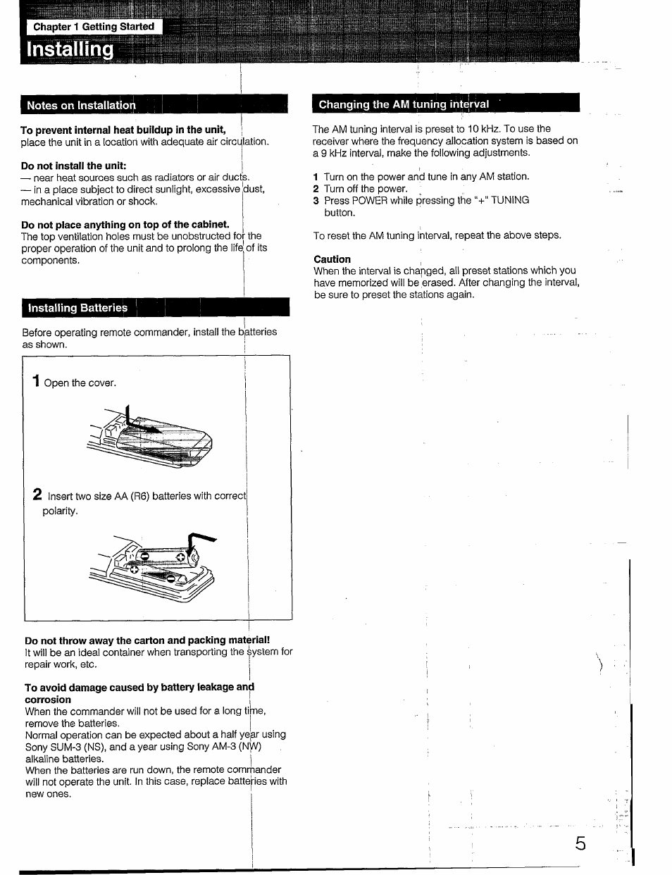 To prevent internal heat buildup in the unit, j, Do not install the unit, Do not place anything on top of the cabinet | Installing batteries, Changing the am tuning interval, Do not throw away the carton and packing material | Sony STR-GX49ES User Manual | Page 5 / 22