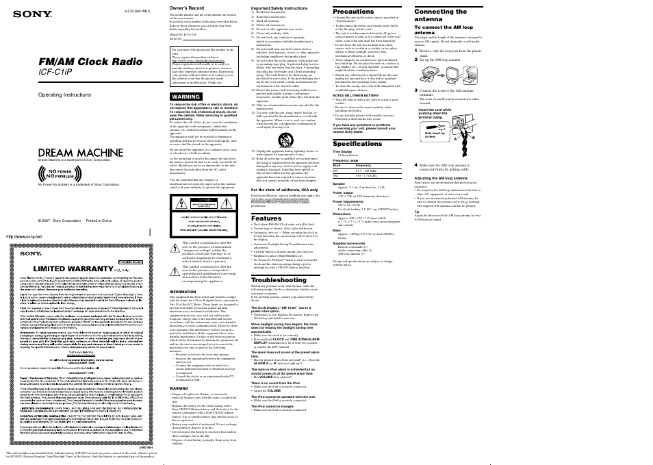 Sony DREAM MACHINE ICF-C1IP User Manual | 2 pages