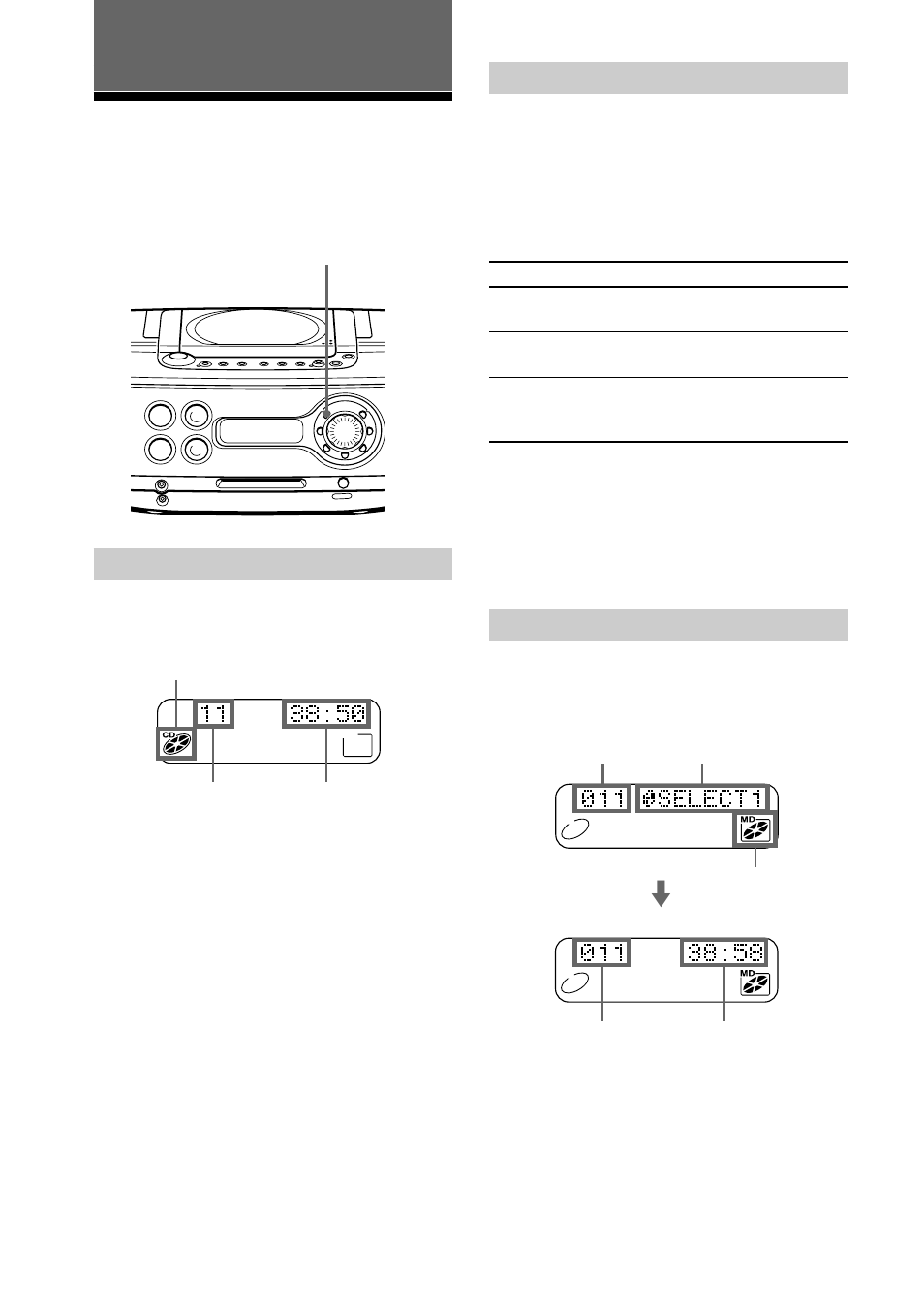 Reproductor de cd• reproductor de md, Uso del visor, Durante la reproducción (cd) | Durante la parada (md), Mreproductor de cd• reproductor de md, Durante la parada (cd) | Sony ZS-M30 User Manual | Page 64 / 108