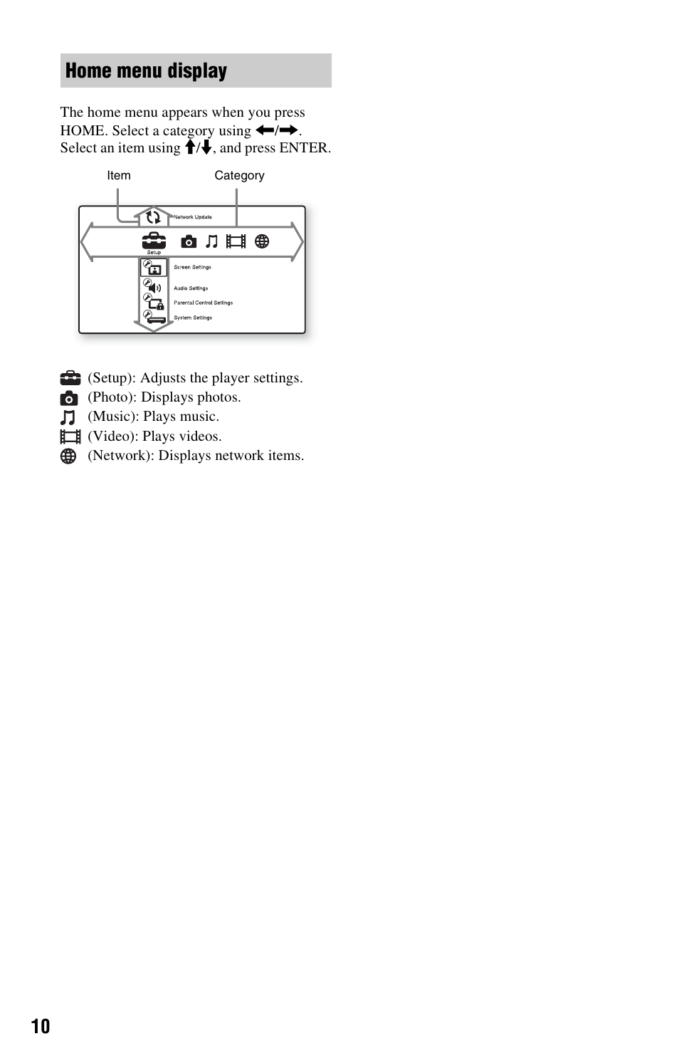 Home menu display | Sony SMP-NX20 User Manual | Page 10 / 32