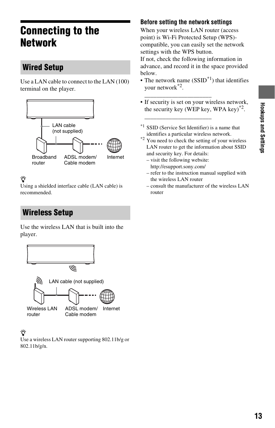 Connecting to the network, Wired setup wireless setup | Sony SMP-NX20 User Manual | Page 13 / 32