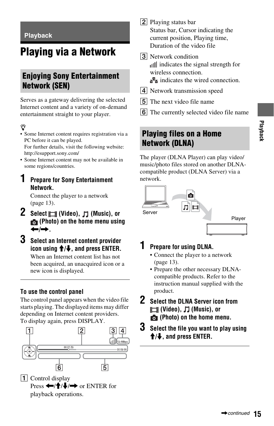 Playback, Playing via a network | Sony SMP-NX20 User Manual | Page 15 / 32