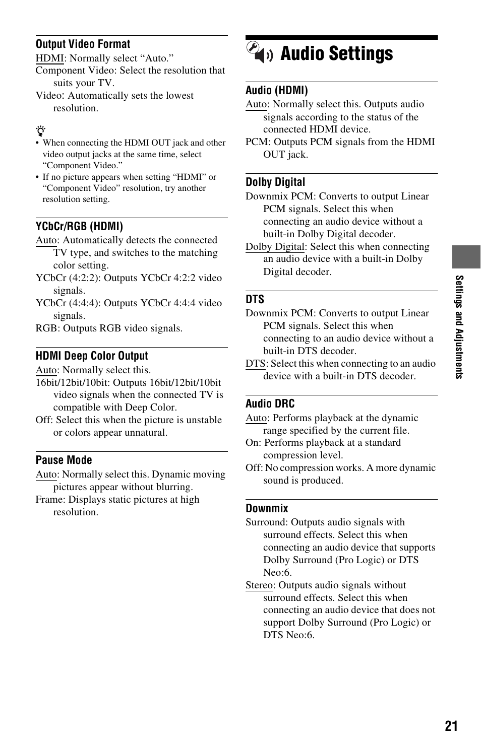 Audio settings | Sony SMP-NX20 User Manual | Page 21 / 32