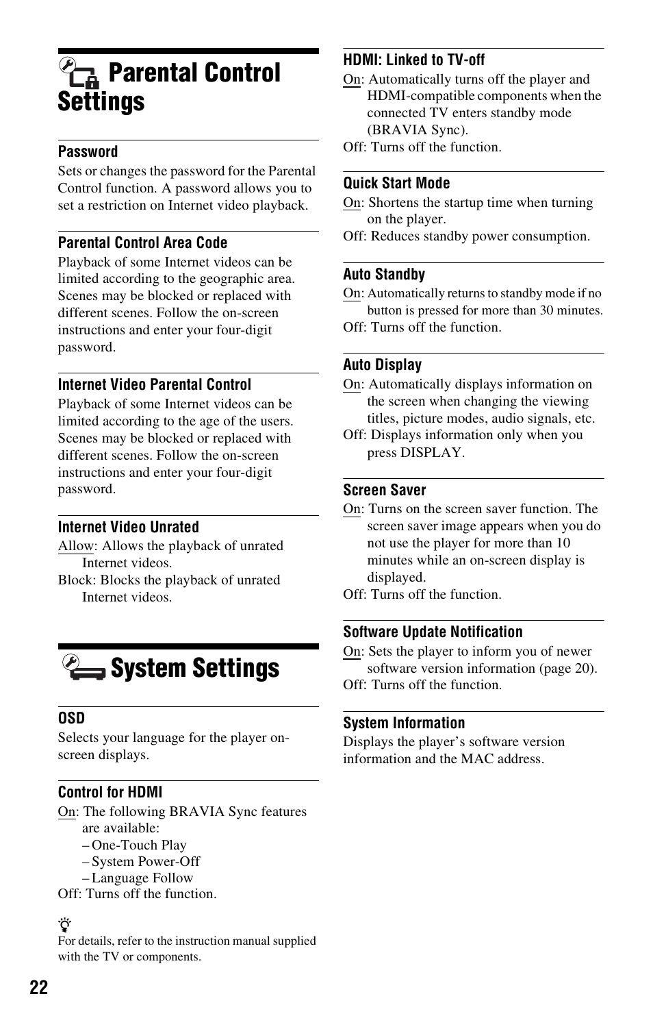 Parental control settings, System settings, Parental control settings system settings | Sony SMP-NX20 User Manual | Page 22 / 32