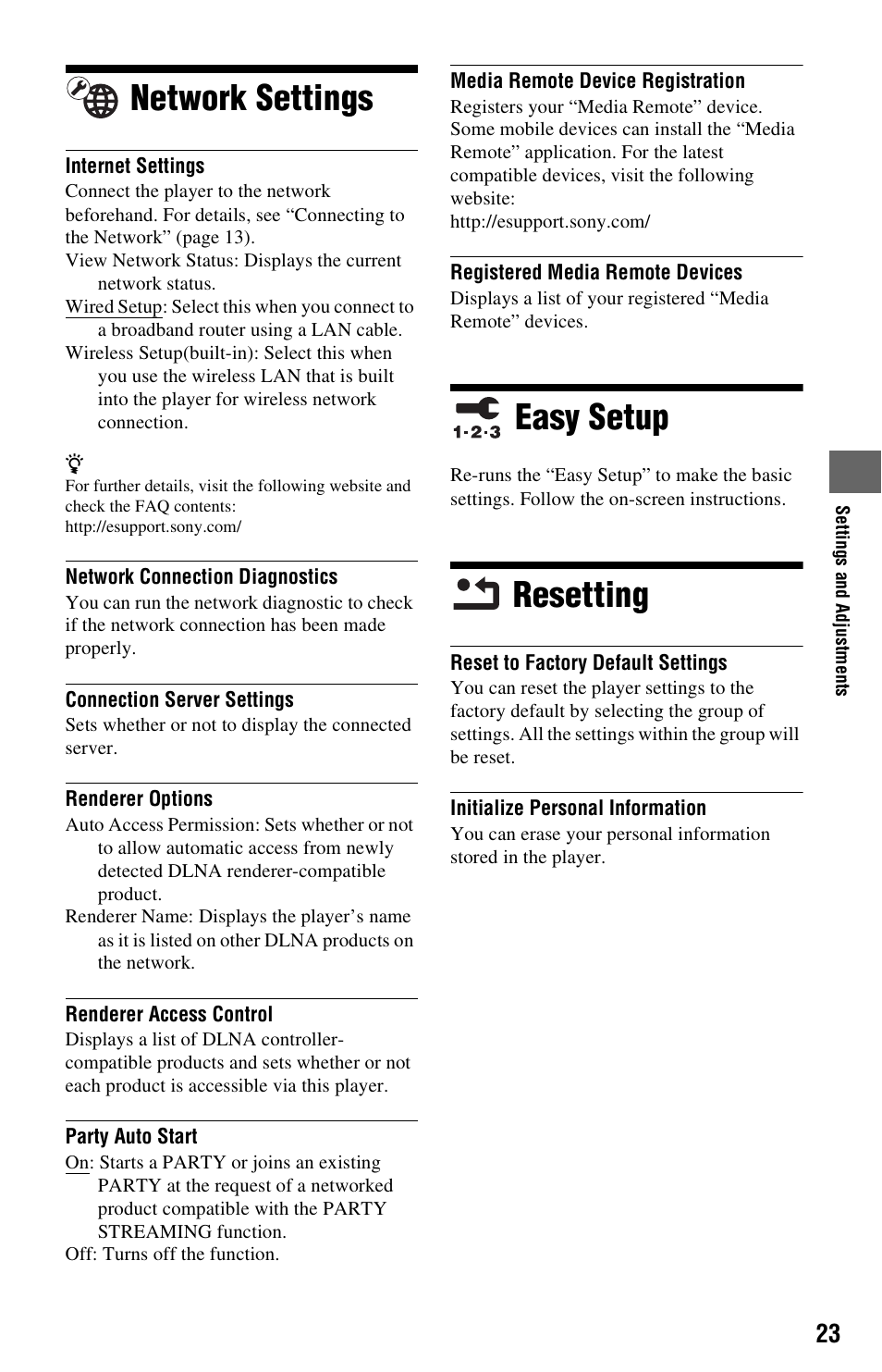 Network settings, Easy setup, Resetting | Network settings easy setup resetting | Sony SMP-NX20 User Manual | Page 23 / 32