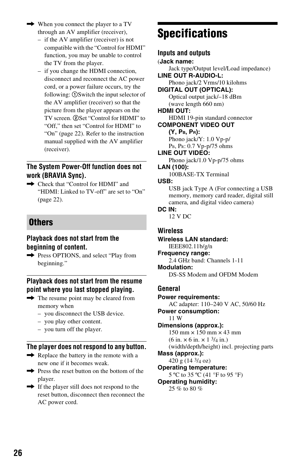 Specifications, Others | Sony SMP-NX20 User Manual | Page 26 / 32