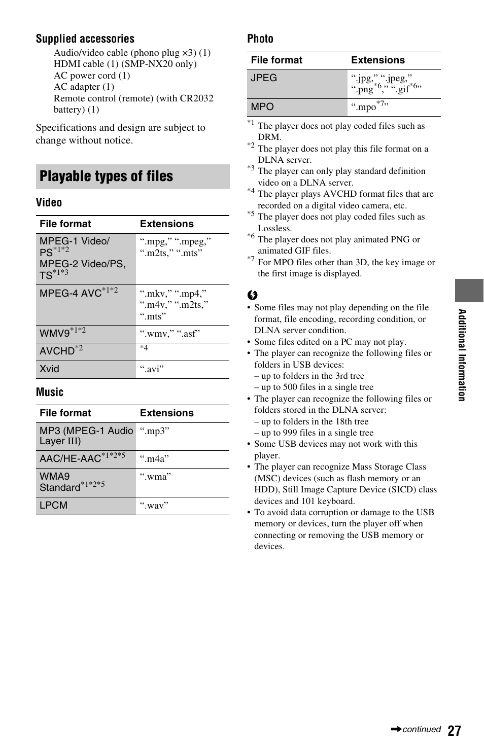 Playable types of files, Supplied accessories, Video music photo | Sony SMP-NX20 User Manual | Page 27 / 32