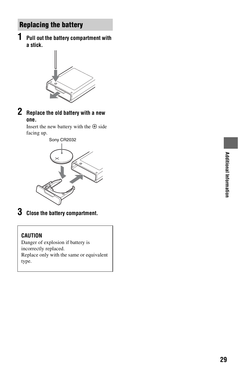 Replacing the battery | Sony SMP-NX20 User Manual | Page 29 / 32