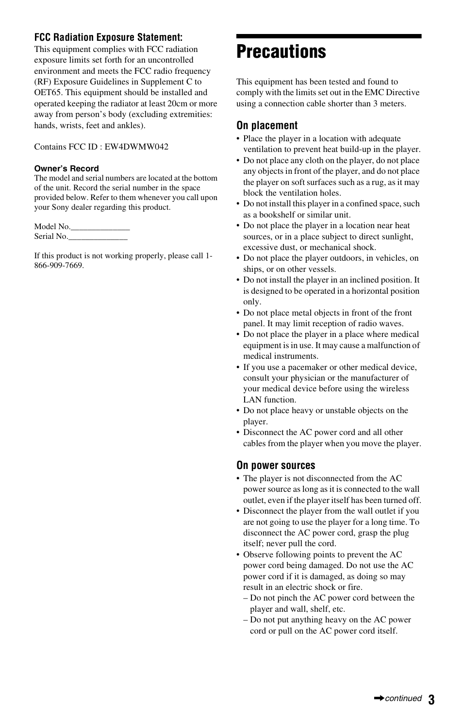 Precautions | Sony SMP-NX20 User Manual | Page 3 / 32