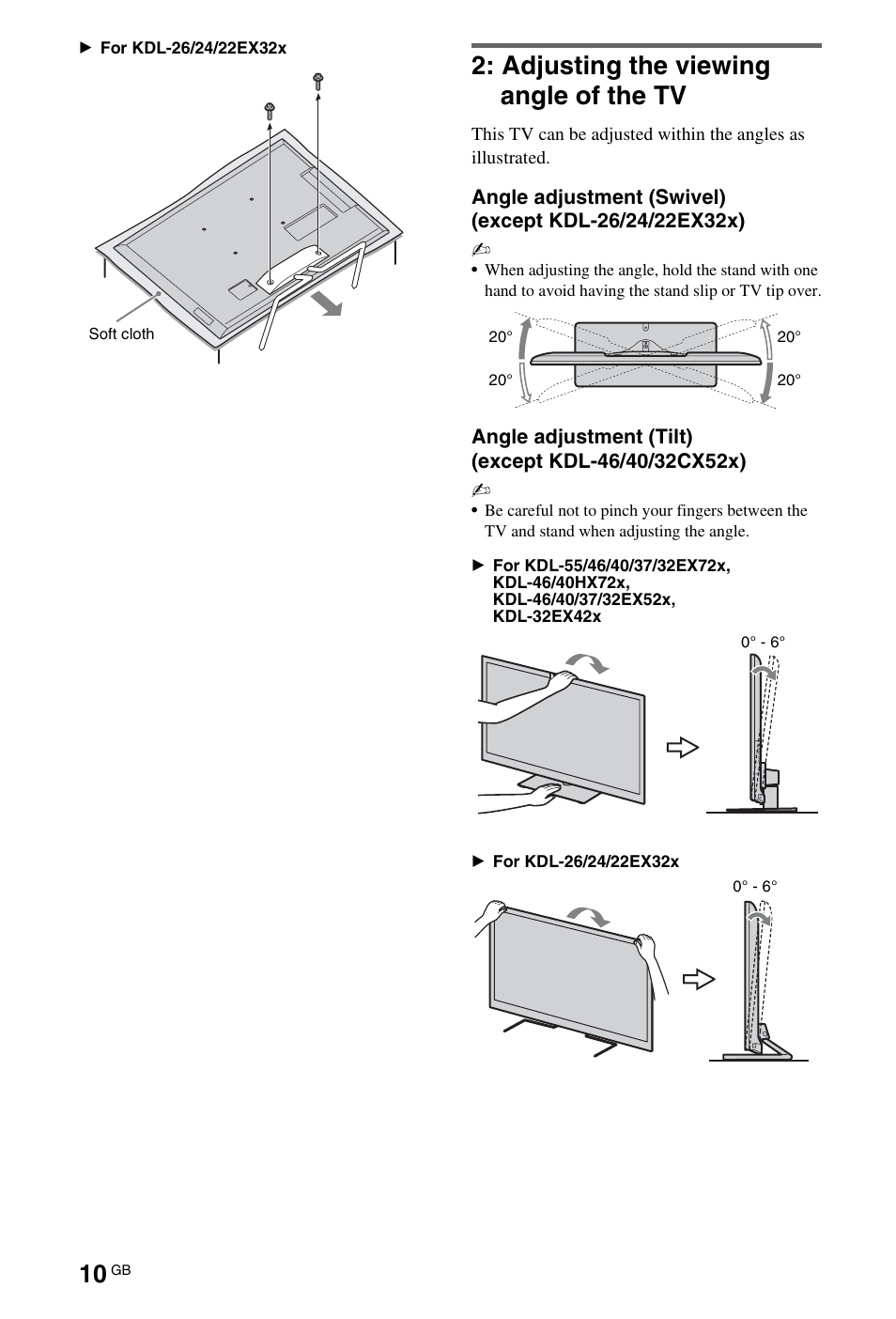 Adjusting the viewing angle of the tv | Sony 4-269-996-E5(1) User Manual | Page 10 / 36