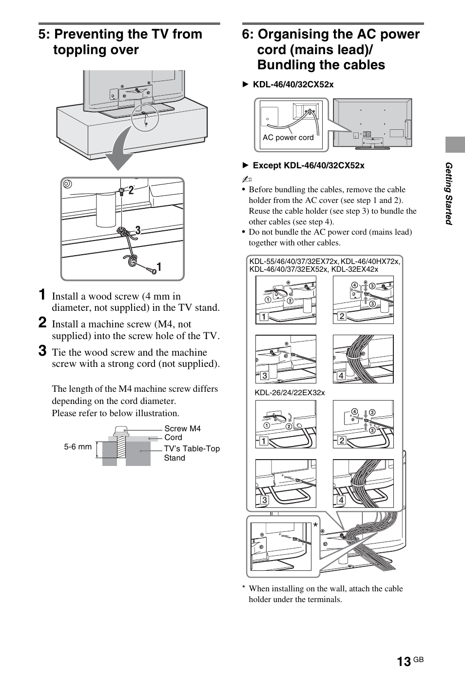 Preventing the tv from toppling over | Sony 4-269-996-E5(1) User Manual | Page 13 / 36