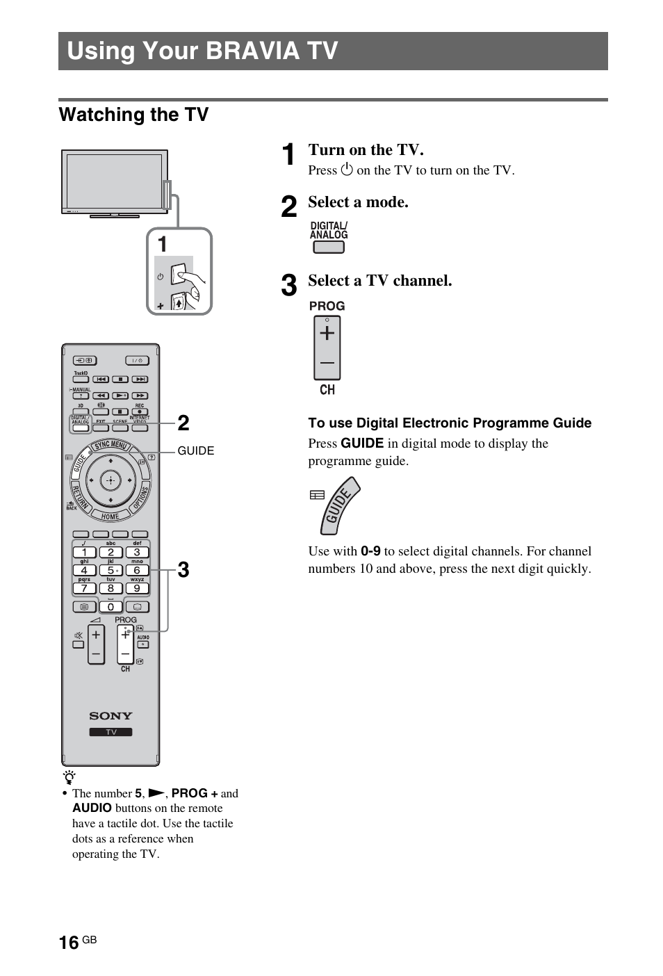 Using your bravia tv, Watching the tv | Sony 4-269-996-E5(1) User Manual | Page 16 / 36