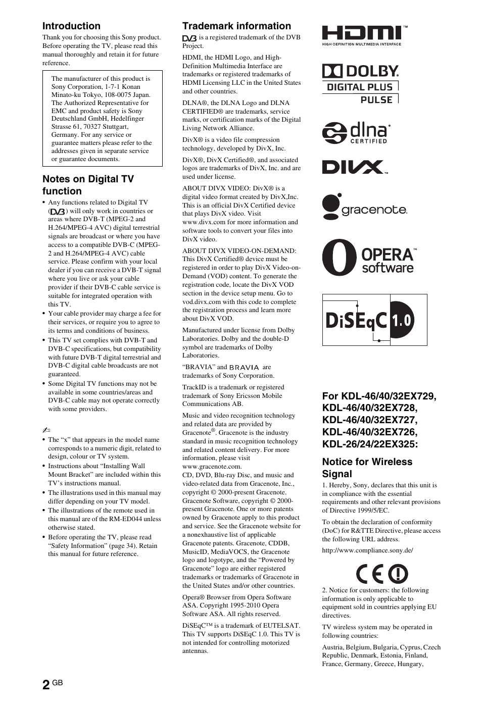 Introduction, Trademark information | Sony 4-269-996-E5(1) User Manual | Page 2 / 36
