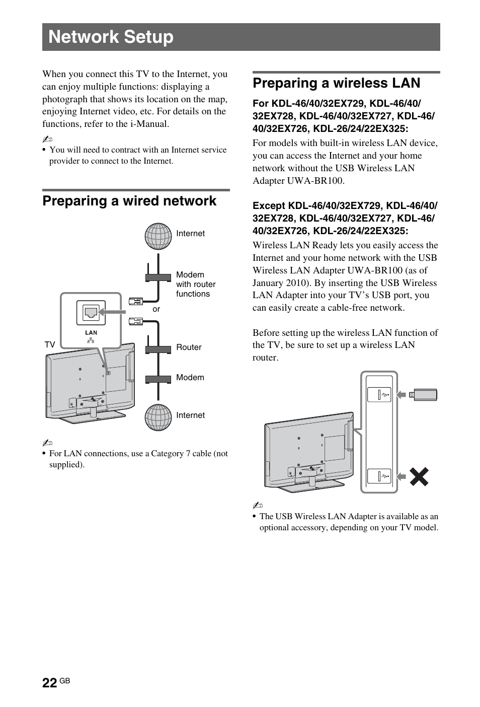 Network setup, Preparing a wired network, Preparing a wireless lan | Sony 4-269-996-E5(1) User Manual | Page 22 / 36