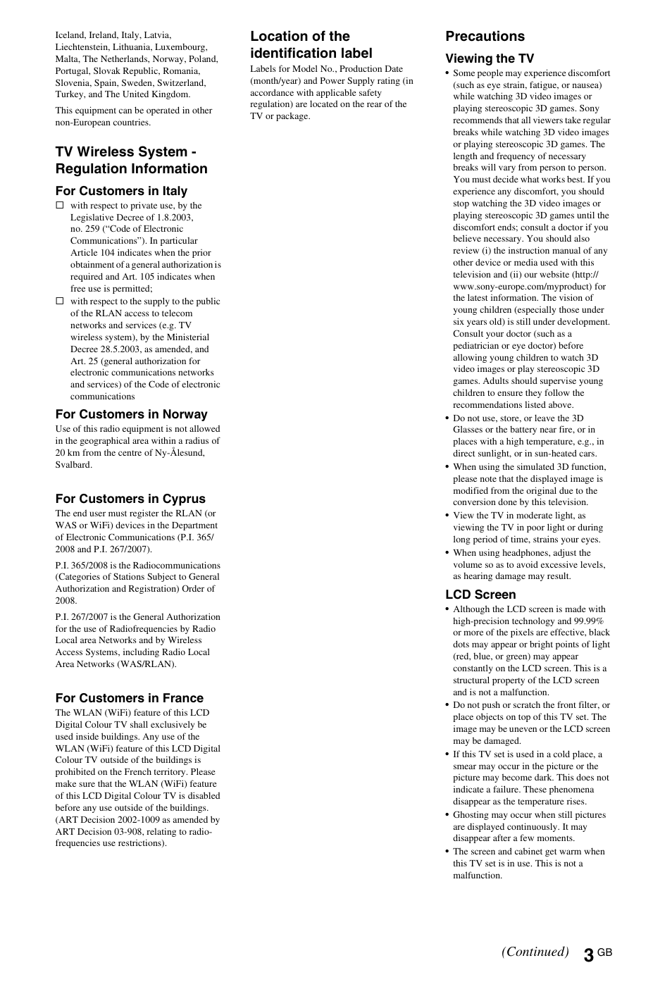 Tv wireless system - regulation information, Location of the identification label, Precautions | Continued) | Sony 4-269-996-E5(1) User Manual | Page 3 / 36
