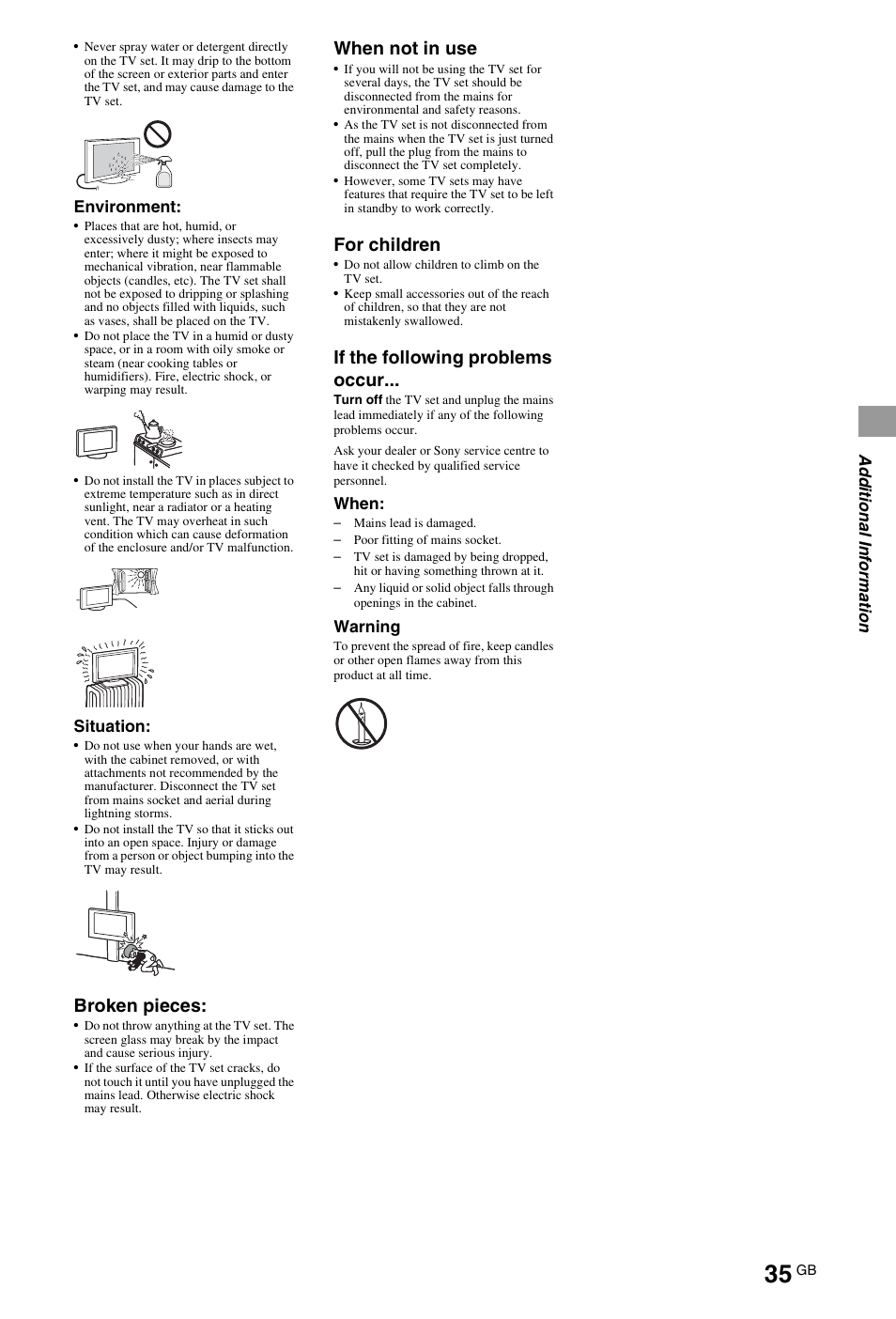 Broken pieces, When not in use, For children | If the following problems occur | Sony 4-269-996-E5(1) User Manual | Page 35 / 36
