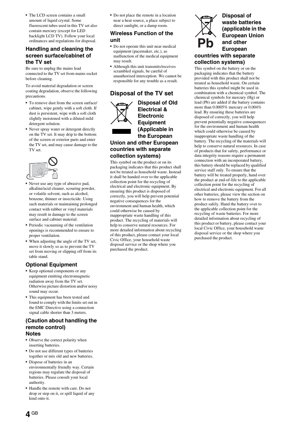 Disposal of the tv set | Sony 4-269-996-E5(1) User Manual | Page 4 / 36