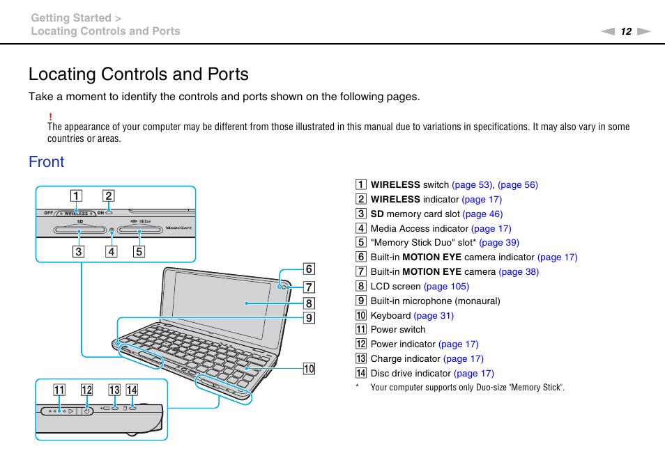 Locating controls and ports, Front | Sony VAIO VGN-P User Manual | Page 12 / 155