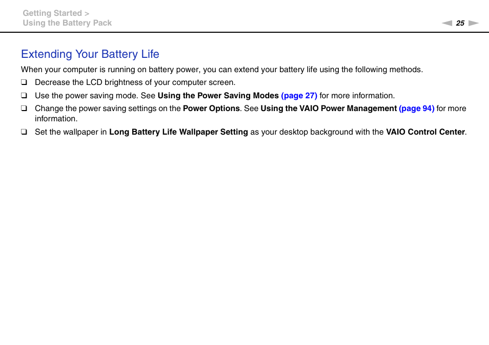 Extending your battery life | Sony VAIO VGN-P User Manual | Page 25 / 155