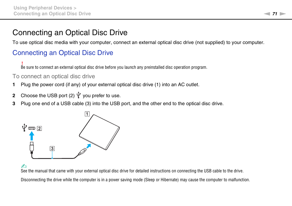 Connecting an optical disc drive | Sony VAIO VGN-P User Manual | Page 71 / 155