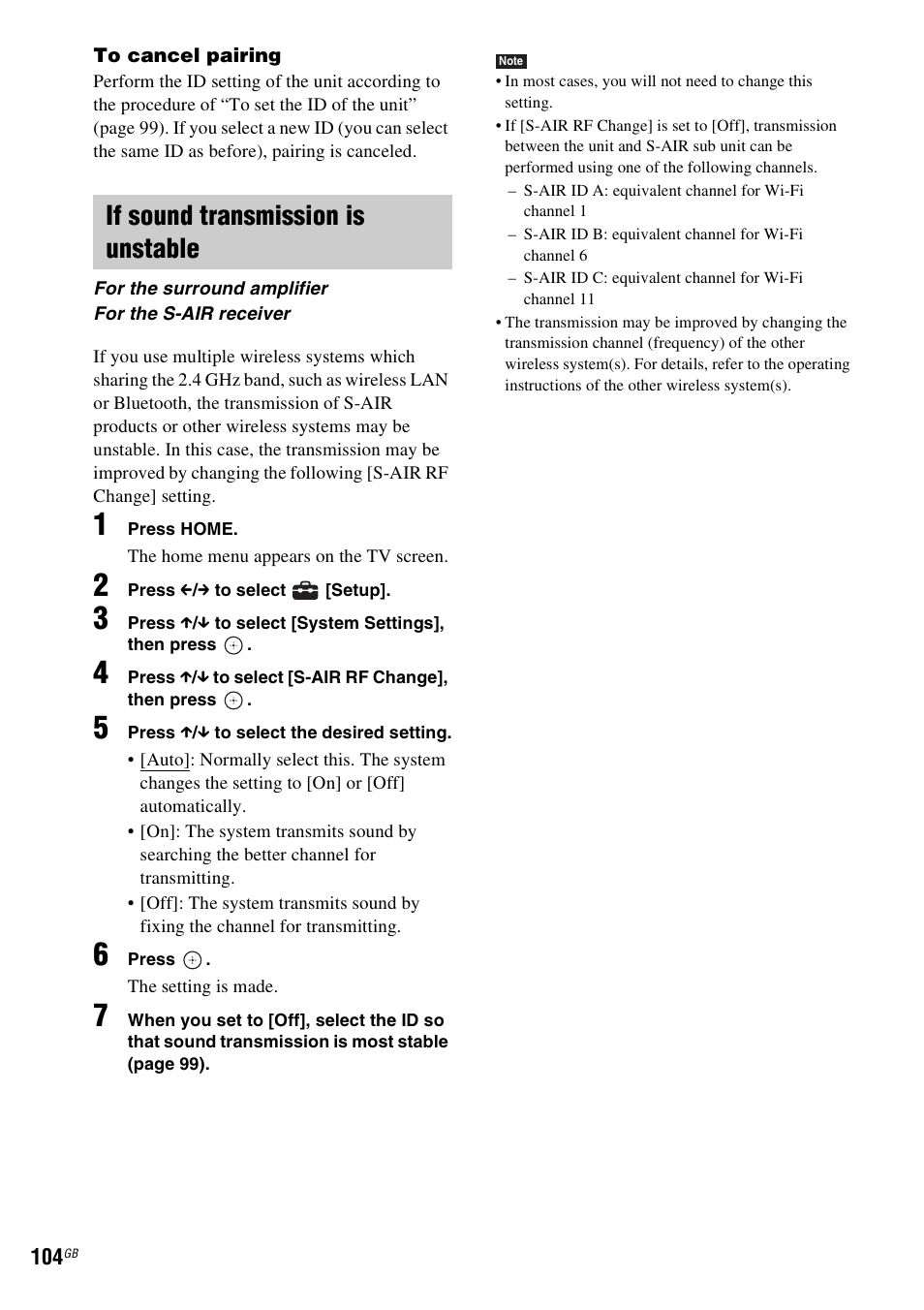 If sound transmission is unstable | Sony BDV-IT1000 User Manual | Page 104 / 159