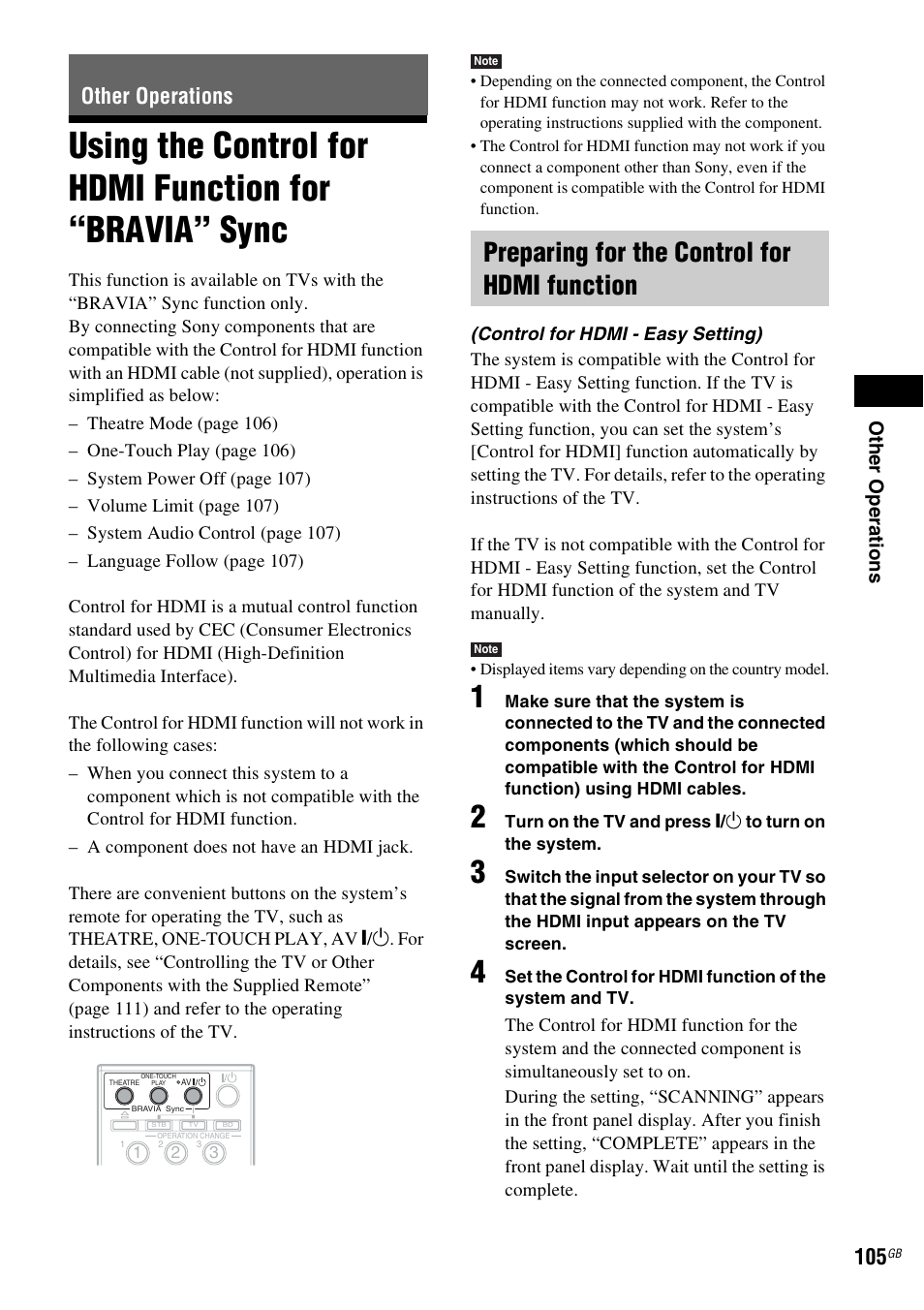 Other operations, Preparing for the control for hdmi function, Using the control for hdmi function for | Bravia” sync | Sony BDV-IT1000 User Manual | Page 105 / 159