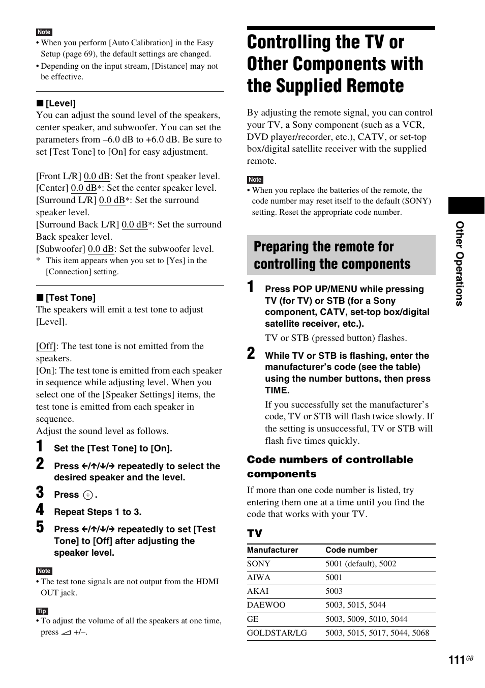 Controlling the tv or other components, With the supplied remote, R (111) | S (111), Er (111) | Sony BDV-IT1000 User Manual | Page 111 / 159