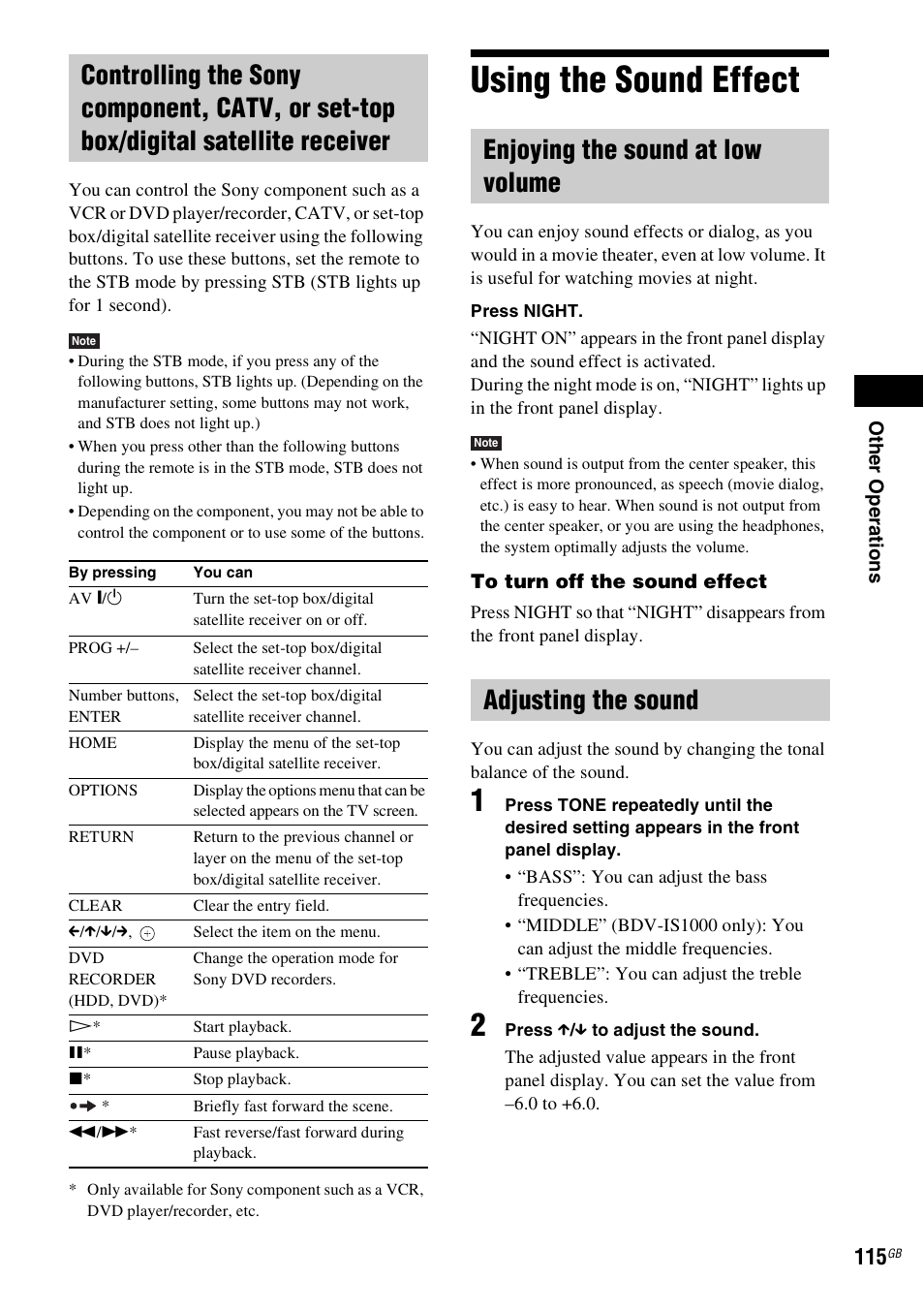Using the sound effect, Enjoying the sound at low volume, Adjusting the sound | Sony BDV-IT1000 User Manual | Page 115 / 159