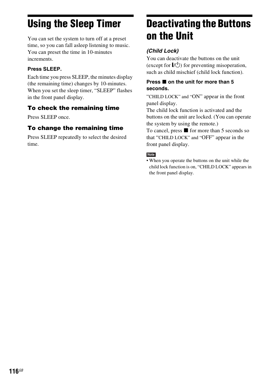 Using the sleep timer, Deactivating the buttons on the unit, P (116) | Sony BDV-IT1000 User Manual | Page 116 / 159