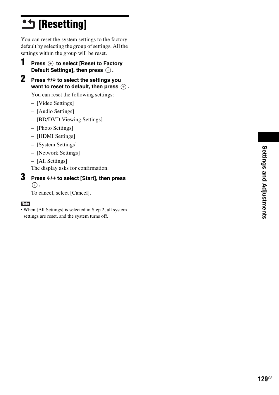 Resetting | Sony BDV-IT1000 User Manual | Page 129 / 159