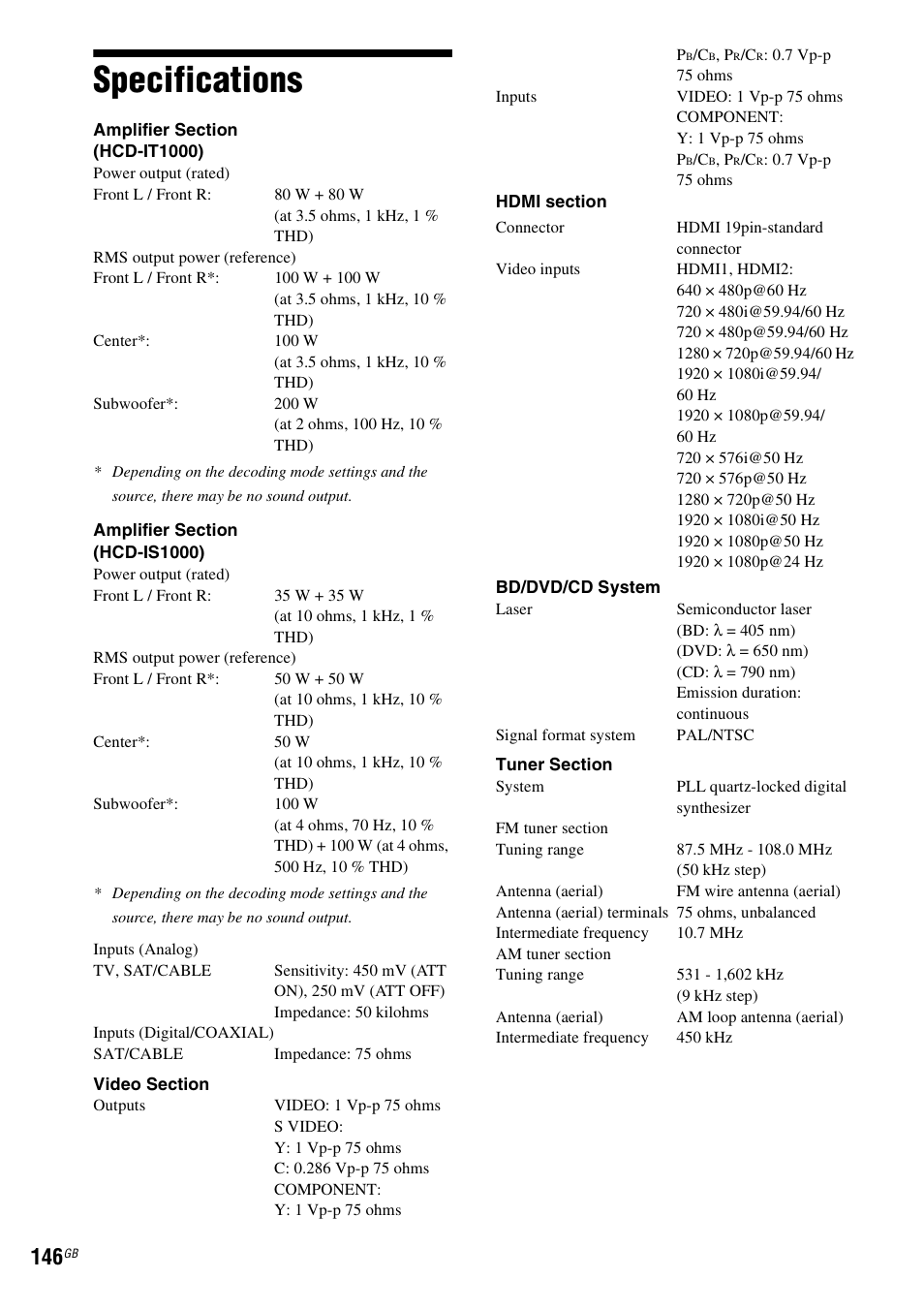 Specifications | Sony BDV-IT1000 User Manual | Page 146 / 159