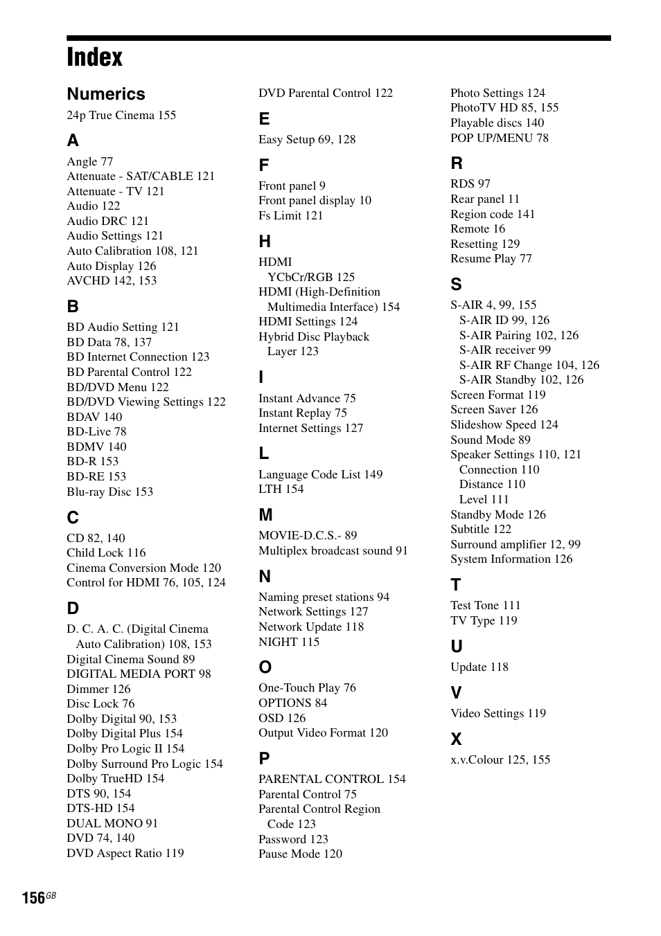 Index, Numerics | Sony BDV-IT1000 User Manual | Page 156 / 159