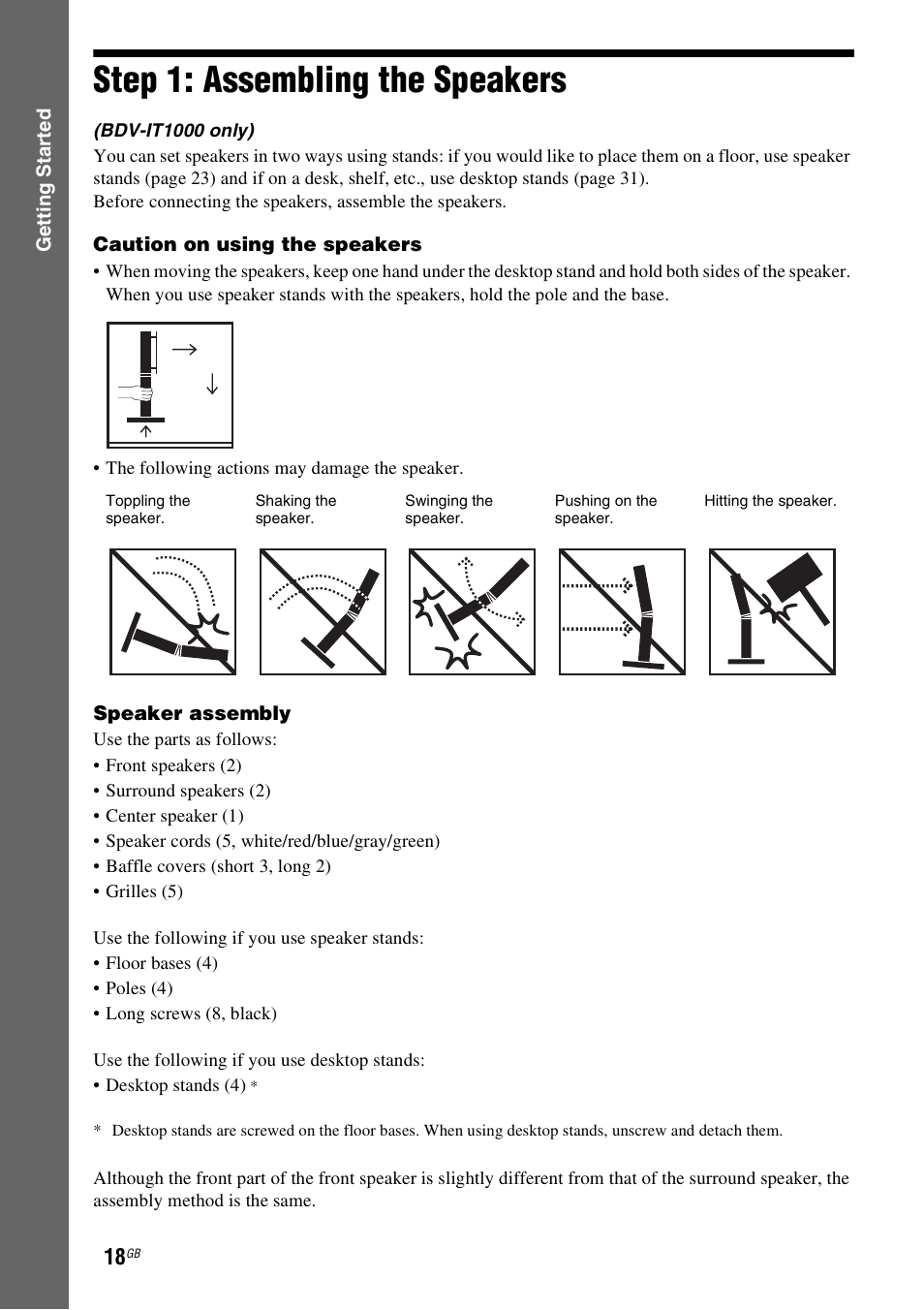 Step 1: assembling the speakers, Step 1: assembling the, Speakers | Sony BDV-IT1000 User Manual | Page 18 / 159