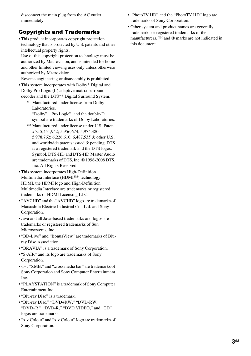 Copyrights and trademarks | Sony BDV-IT1000 User Manual | Page 3 / 159