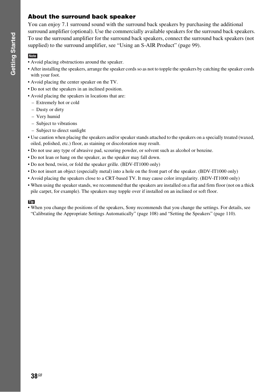 Gettin g star ted about the surround back speaker | Sony BDV-IT1000 User Manual | Page 38 / 159
