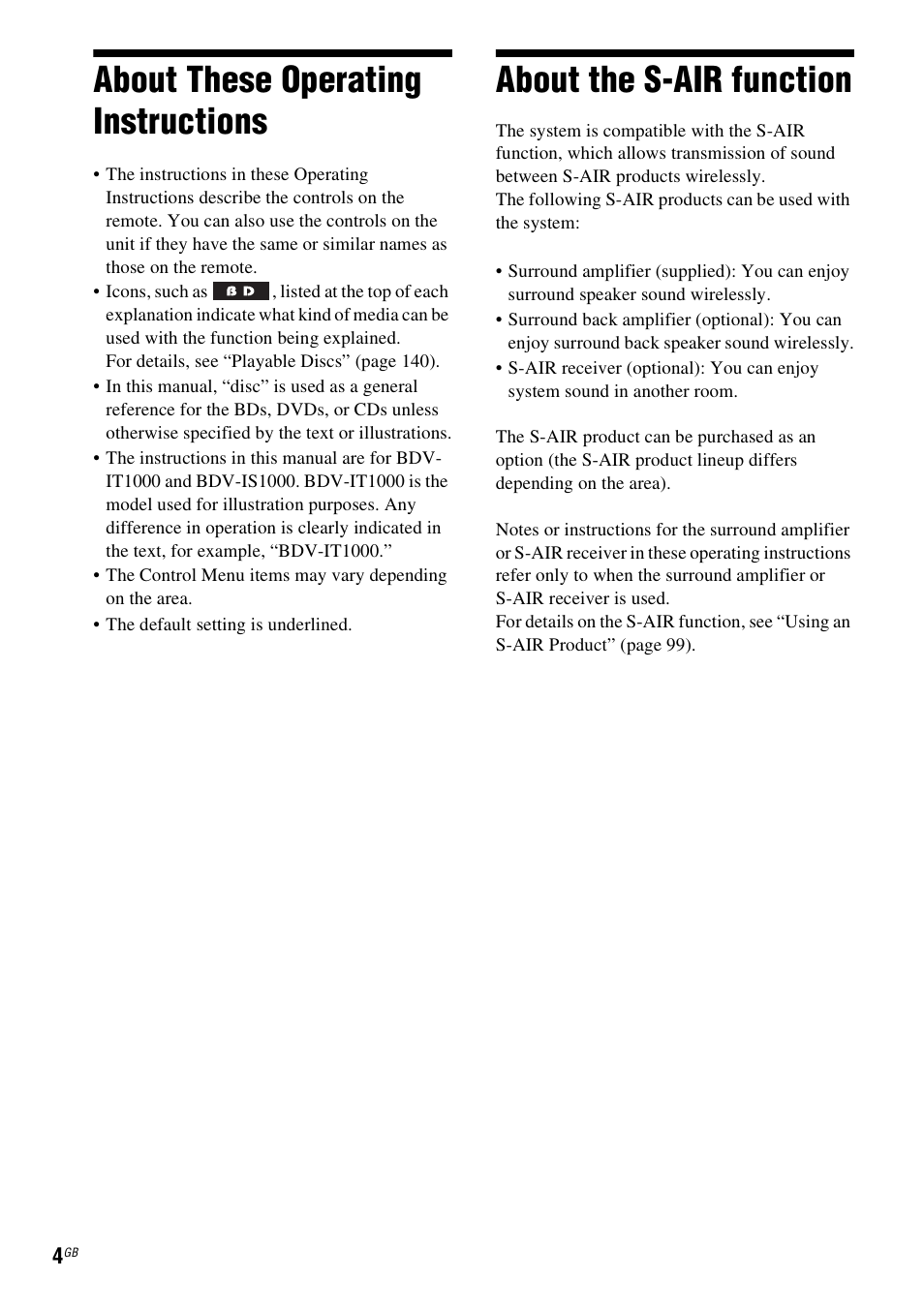 About these operating instructions, About the s-air function | Sony BDV-IT1000 User Manual | Page 4 / 159