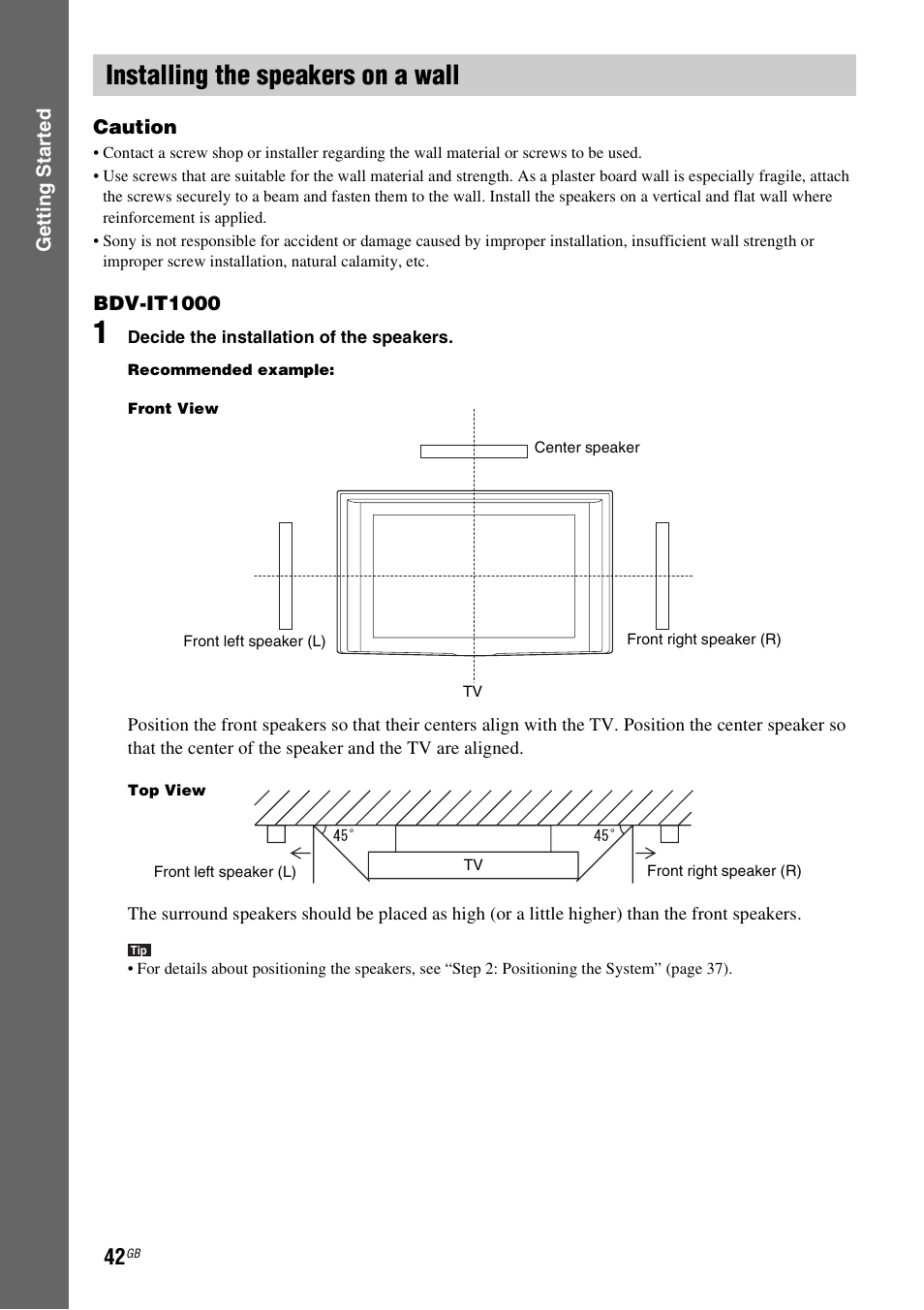Installing the speakers on a wall | Sony BDV-IT1000 User Manual | Page 42 / 159