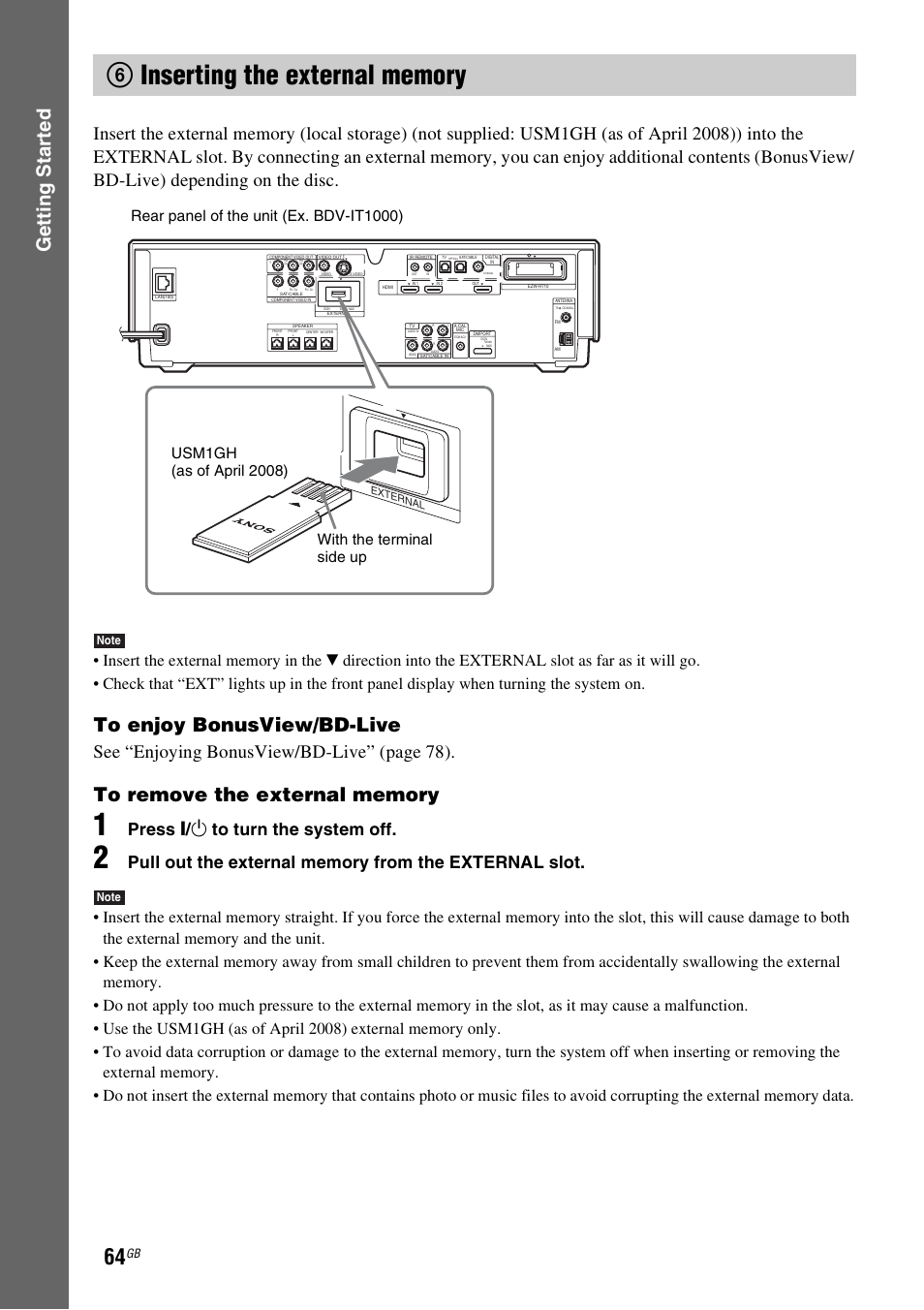 6 inserting the external memory, Gettin g star ted, Se e “enjoying bonusview/bd-live” (page 78) | Press " / 1 to turn the system off | Sony BDV-IT1000 User Manual | Page 64 / 159
