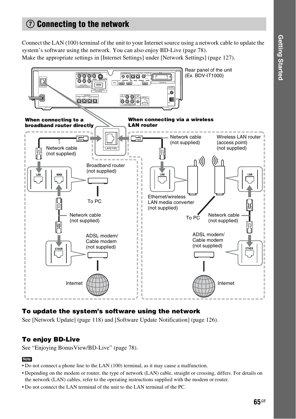 7 connecting to the network, 7connecting to the network, Ge tting star te d | Se e “enjoying bonusview/bd-live” (page 78) | Sony BDV-IT1000 User Manual | Page 65 / 159