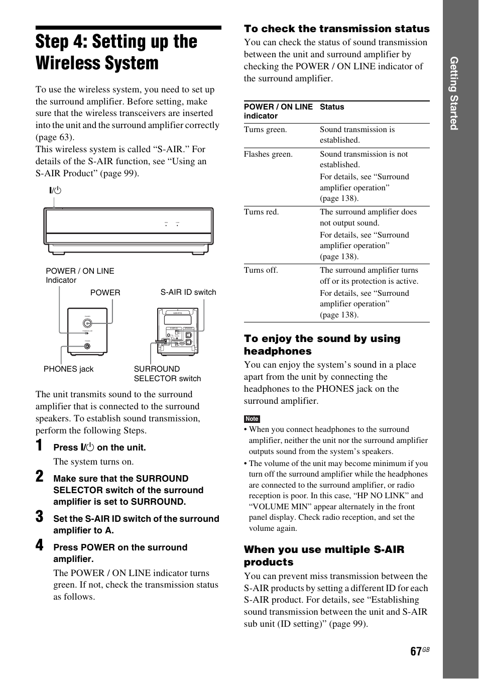 Step 4: setting up the wireless system, Step 4: setting up the wireless, System | Ge tting star te d, When you use multiple s-air products, The system turns on | Sony BDV-IT1000 User Manual | Page 67 / 159