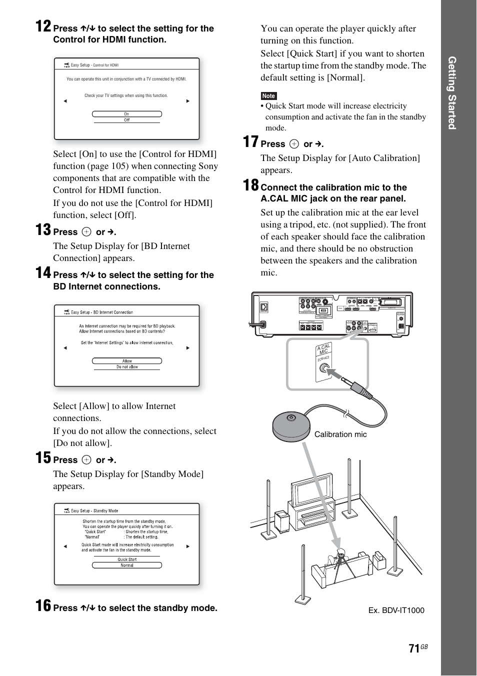 Ge tting star te d, The setup display for [standby mode] appears, The setup display for [auto calibration] appears | Press or c, Press x / x to select the standby mode, Calibration mic ex. bdv-it1000, Coaxial optical | Sony BDV-IT1000 User Manual | Page 71 / 159
