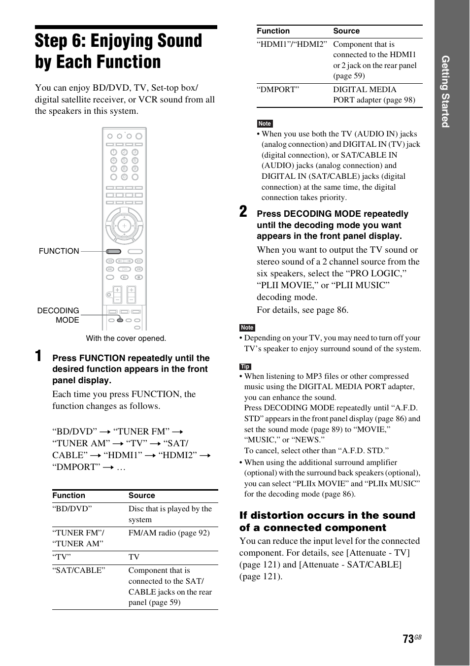 Step 6: enjoying sound by each function, Step 6: enjoying sound by each, Function | N (73, Ge tting star te d | Sony BDV-IT1000 User Manual | Page 73 / 159