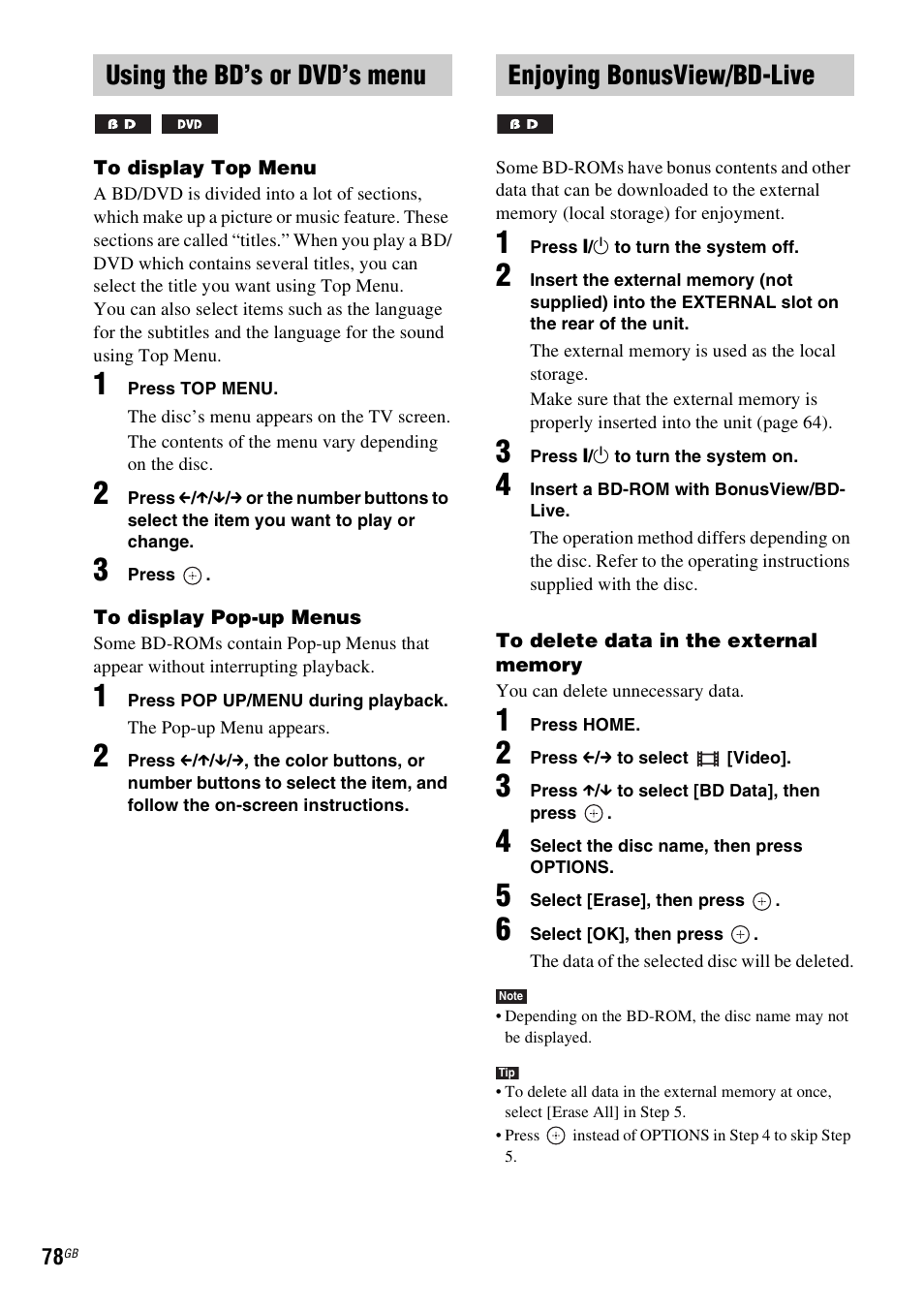 Using the bd’s or dvd’s menu, Enjoying bonusview/bd-live | Sony BDV-IT1000 User Manual | Page 78 / 159