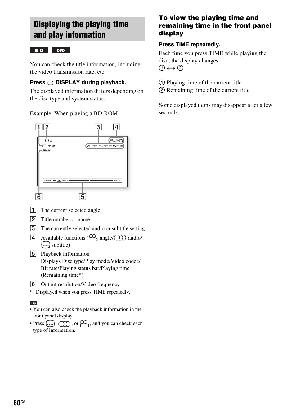 Displaying the playing time and play information | Sony BDV-IT1000 User Manual | Page 80 / 159
