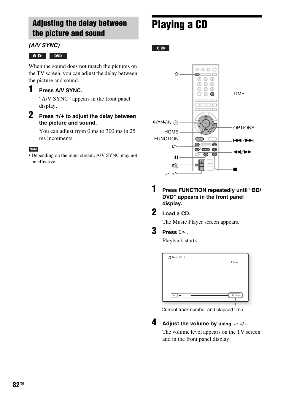 Adjusting the delay between the picture and sound, Playing a cd | Sony BDV-IT1000 User Manual | Page 82 / 159