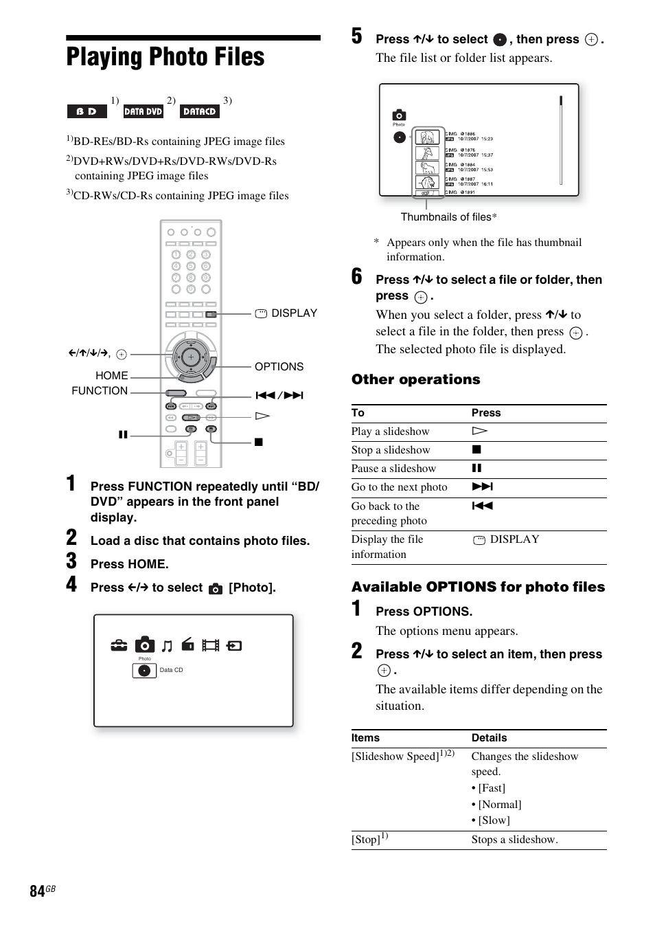 Playing photo files | Sony BDV-IT1000 User Manual | Page 84 / 159