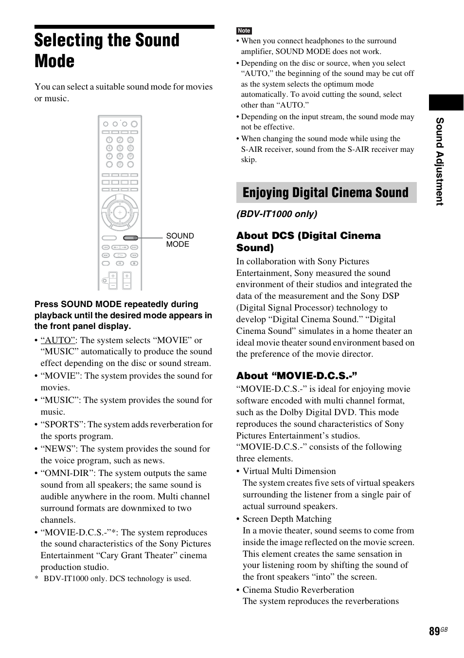 Selecting the sound mode, Enjoying digital cinema sound | Sony BDV-IT1000 User Manual | Page 89 / 159