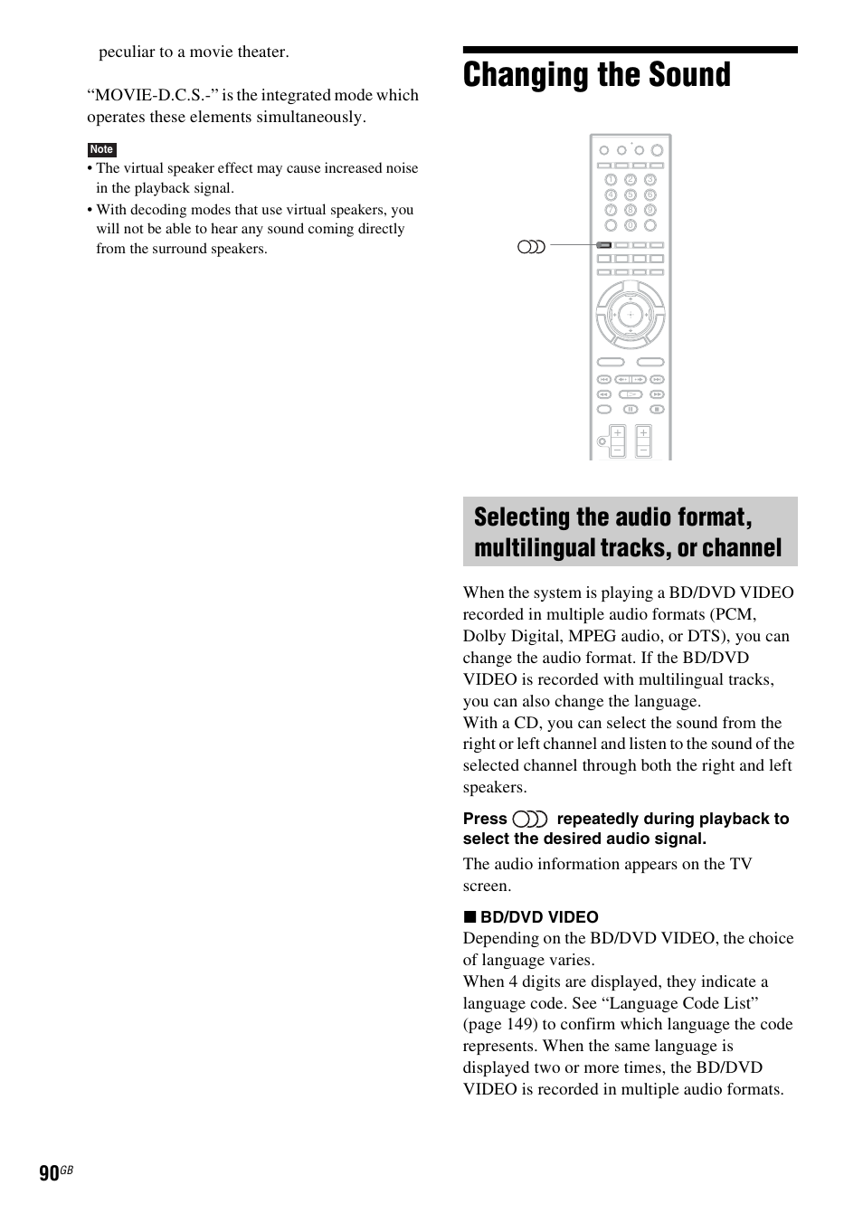 Changing the sound, The audio information appears on the tv screen | Sony BDV-IT1000 User Manual | Page 90 / 159