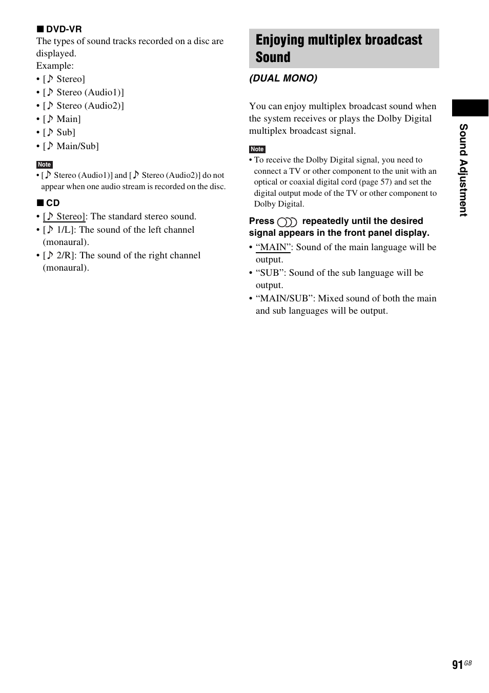 Enjoying multiplex broadcast sound | Sony BDV-IT1000 User Manual | Page 91 / 159