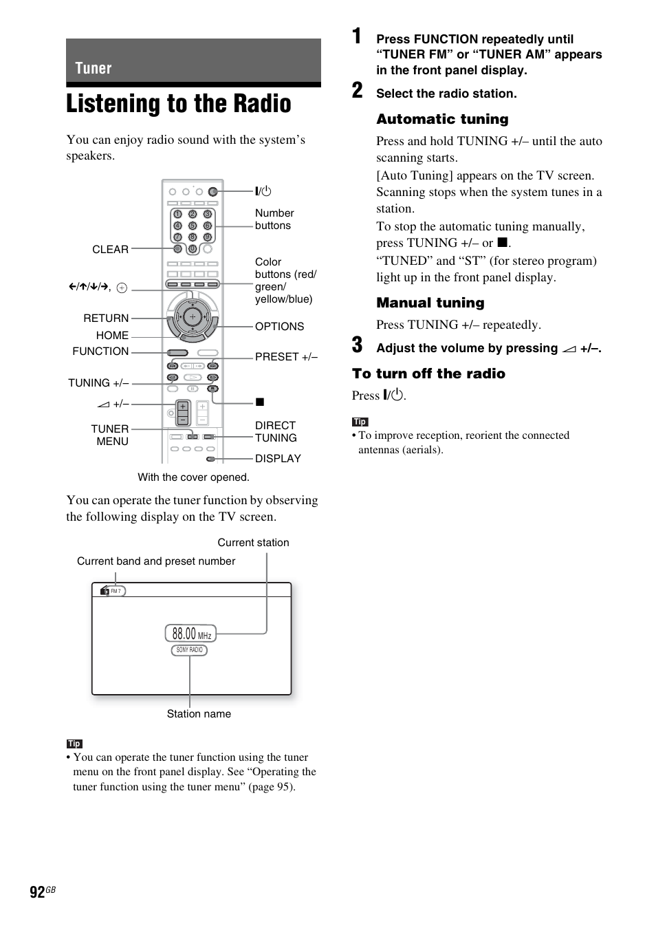Tuner, Listening to the radio, Y (92) | Automatic tuning, Manual tuning | Sony BDV-IT1000 User Manual | Page 92 / 159